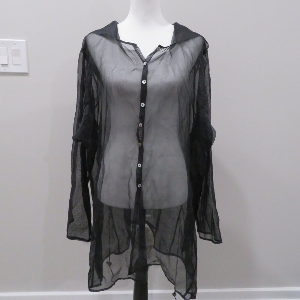 Luna Luz Black Sheer Button Up Hoodie Dress - Picture 1 of 4